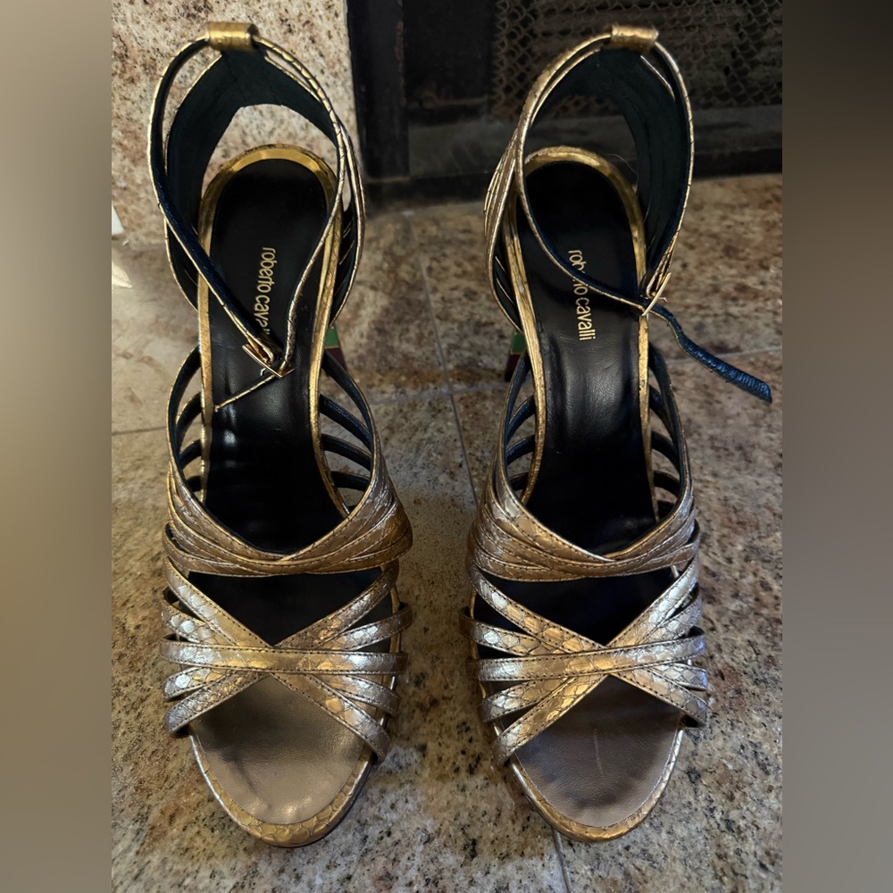 Roberto Cavalli Metallic Gold Strappy Heels